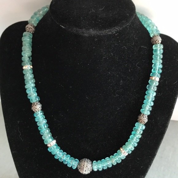 Vintage genuine apatite gemstone Bali sterling silver Crystal Rondelle 17" - Picture 1 of 8